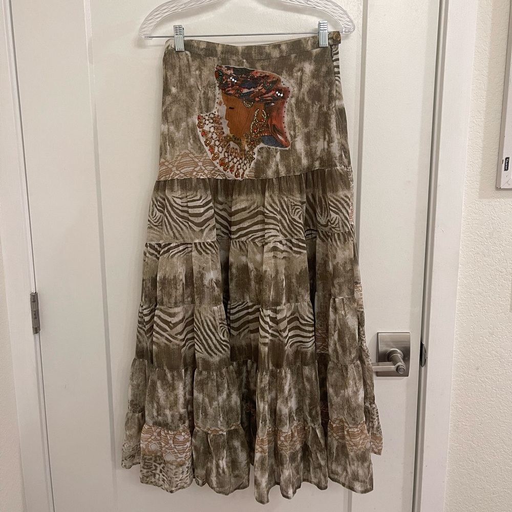 Vintage Beaded Y2K Euro African Embellished Tiered‎ Maxi Skirt in Olive Brown